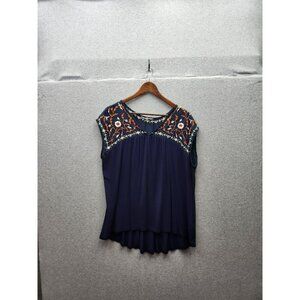 Navy Blue Amaryllis Embroidered Sleeveless Top Size 1X Cotton/Spandex Blend